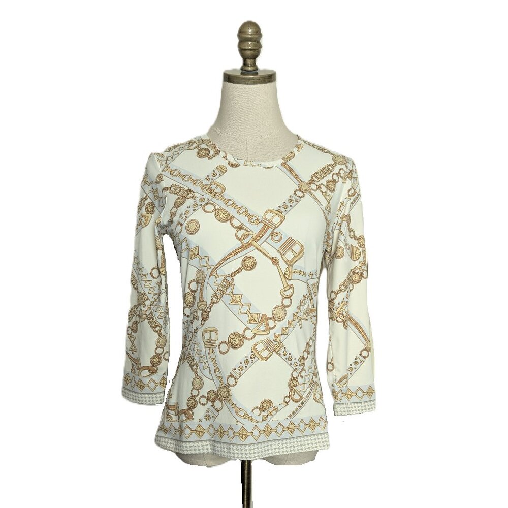 J. McLaughlin Nylon Blend Top Size S Cream Gold Jeweled Belts 3/4 Sleeve